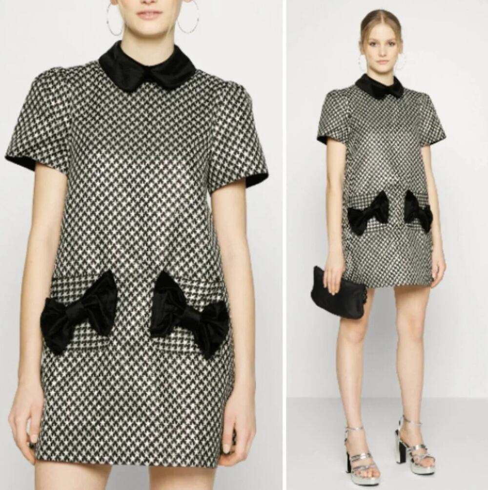 Sister Jane Metallic Jacquard Star Velvet Bow Pocket Mini Dress Silver